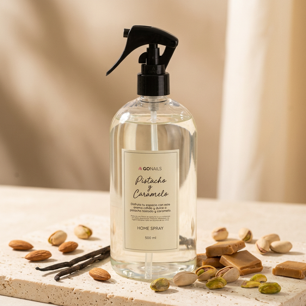 Home Spray Pistacho y Caramelo con pistachos tostados, caramelos dorados y vainilla, frasco 100 ml, Go Living.