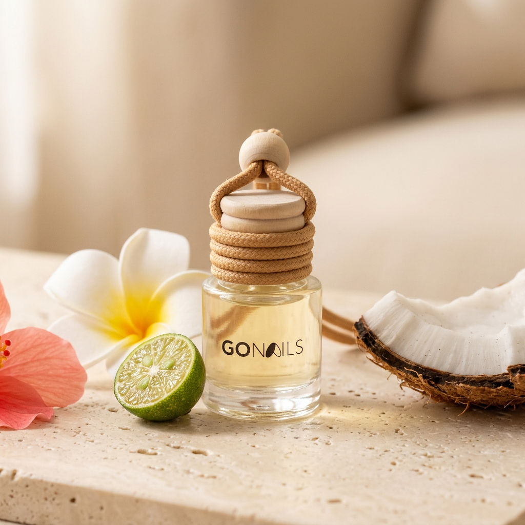 Mini Difusor Aloha 8ml con lima, frangipani, hibisco y coco sobre travertino, Go Living.