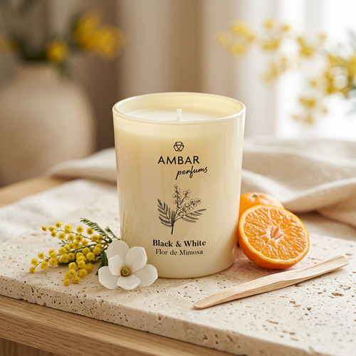 Vela Black & White · Flor de Mimosa con mandarina, mimosa, magnolia y madera suave, Go Living. — vista 1