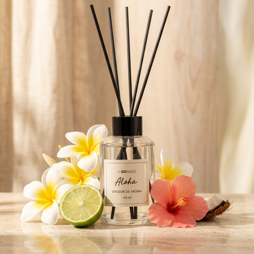 Difusor de varillas Aloha sobre travertino, rodeado de frangipani, lima y hibisco. Frasco de vidrio 125 ml, Go Living.