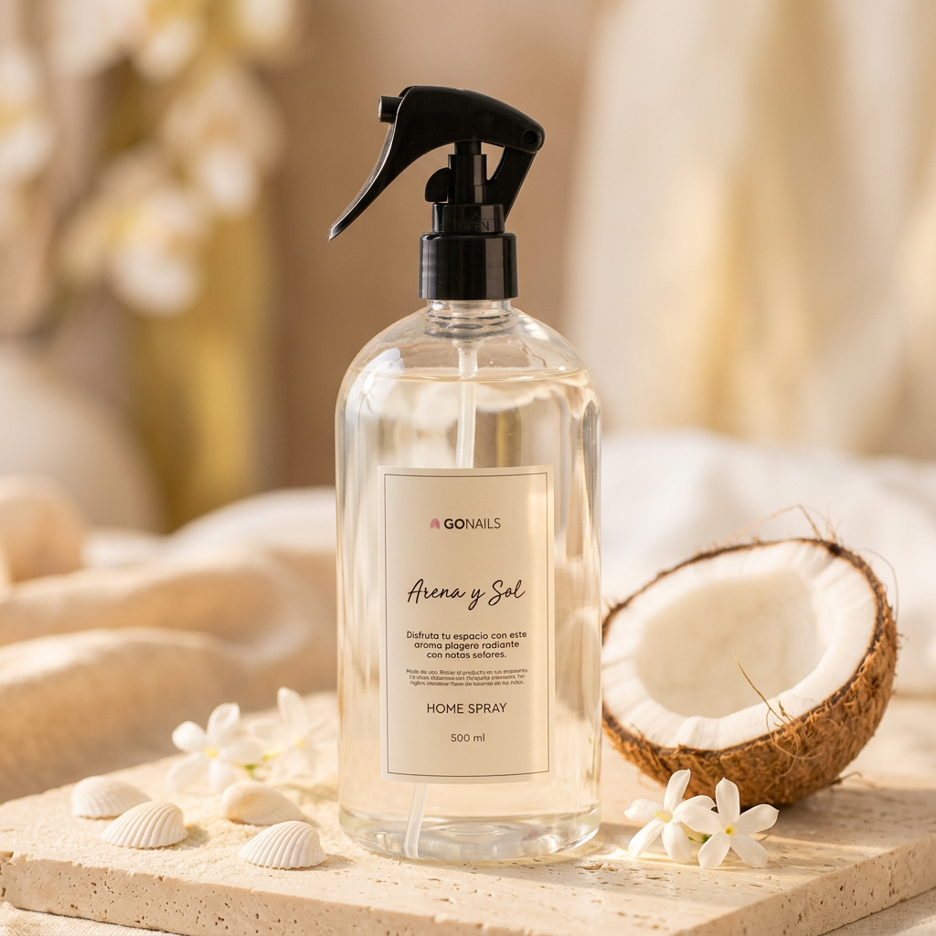 Home Spray Arena y Sol con conchas, coco y jazmín solar sobre arena clara, frasco 100 ml, Go Living.