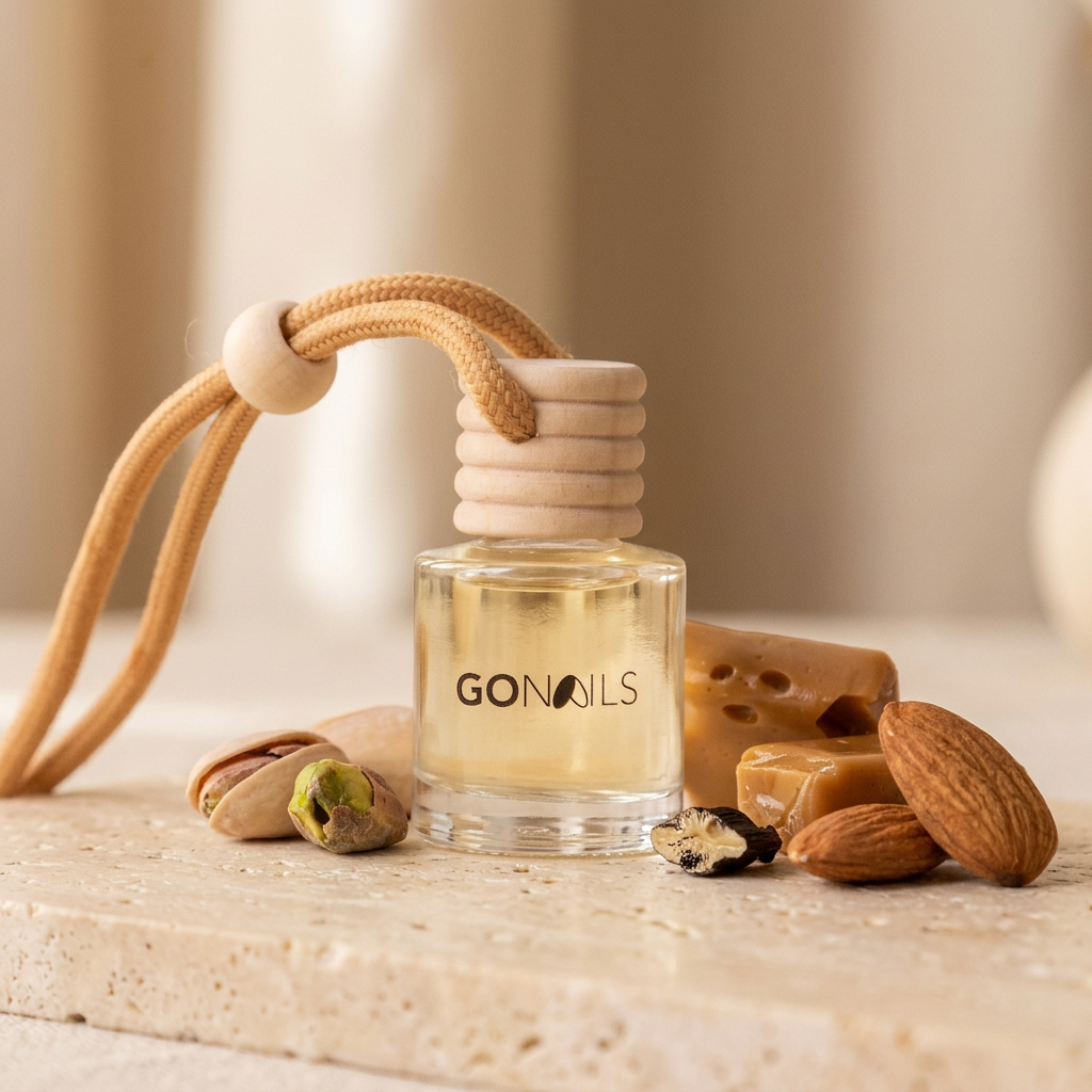 Mini Difusor Pistacho y Caramelo 8ml con pistachos, caramelos y vainilla sobre travertino, Go Living.