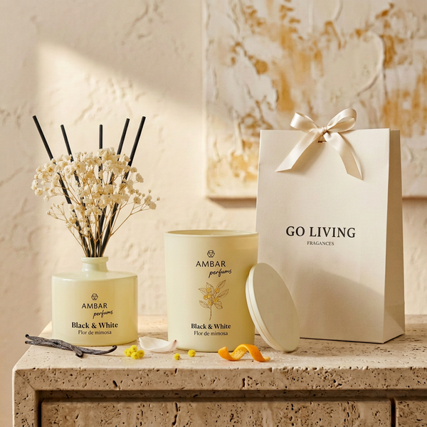 Kit Black & White Flor de Mimosa - Difusor y Vela Ambar mimosa cream con bolsa Go Living
