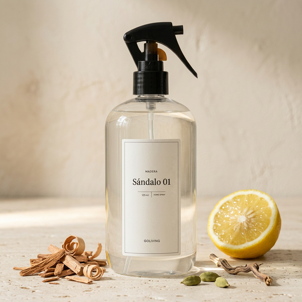 Home Spray Go Living Signature 01 Sándalo, composición editorial con notas de sándalo, cardamomo y bergamota.