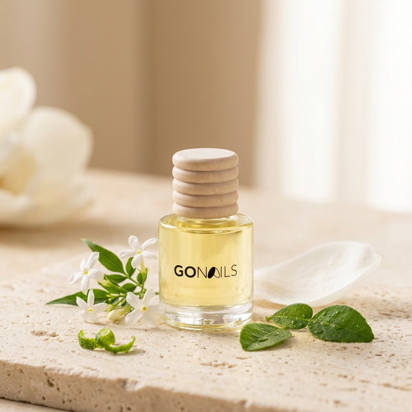 Mini Difusor Jazmín Tropical 8ml con jazmín, magnolia y hojas verdes sobre travertino, Go Living.