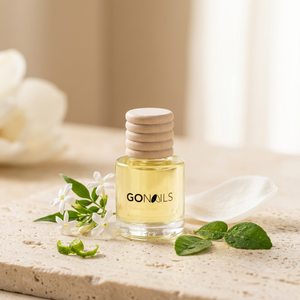 Mini Difusor Jazmín Tropical 8ml con jazmín, magnolia y hojas verdes sobre travertino, Go Living.