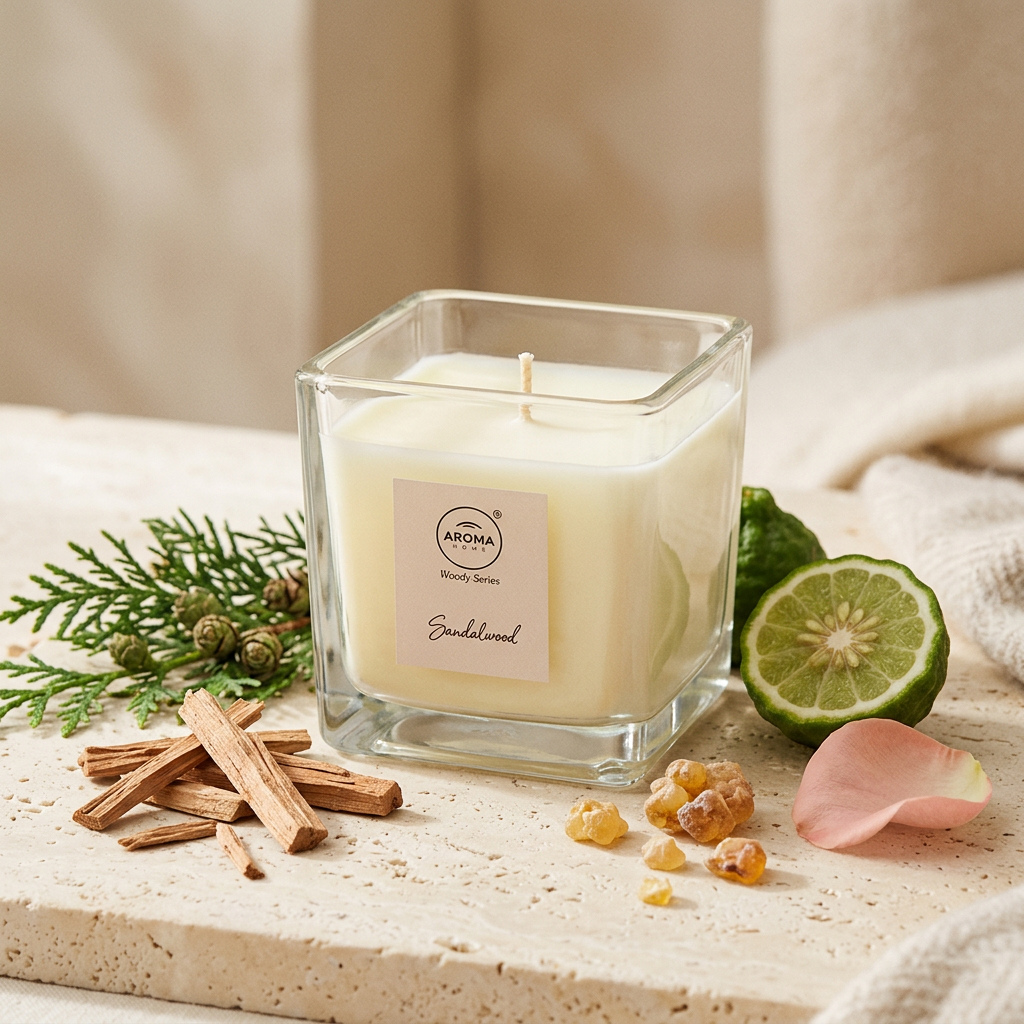 Vela Woody Series · Sándalo con notas de bergamota, sándalo, rosa y cedro, Go Living.